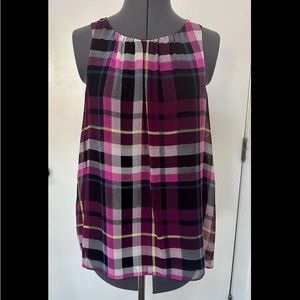 NEW VINCE CAMUTO PLAID CHIFFON MERLOT TANK TOP SHELL MODERN IMPRINT LINED S NWT
